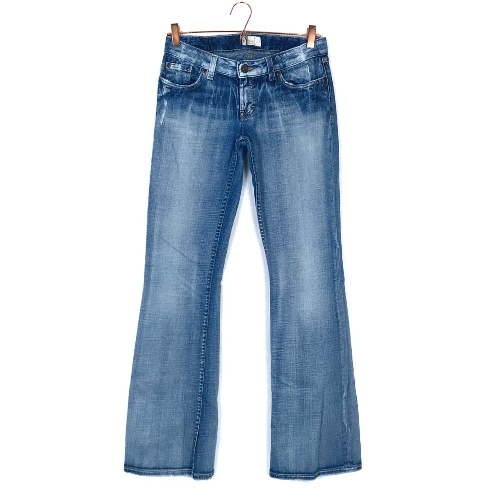 BKE light wash low rise distressed bootcut jeans